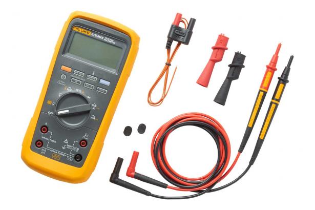 Fluke 87V MAX digital multimeter with leads, probes, temperature adapter