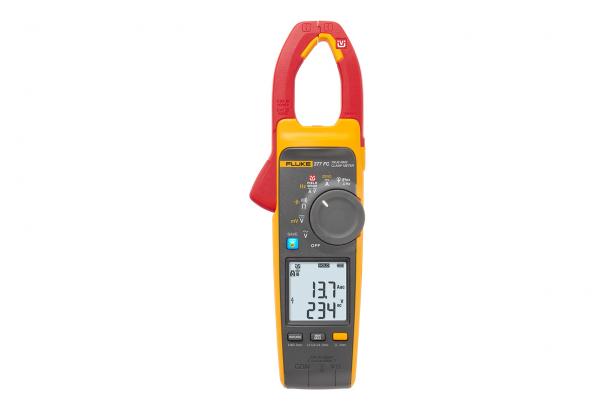 Fluke 377 FC measures voltage and current with the clamp jaw